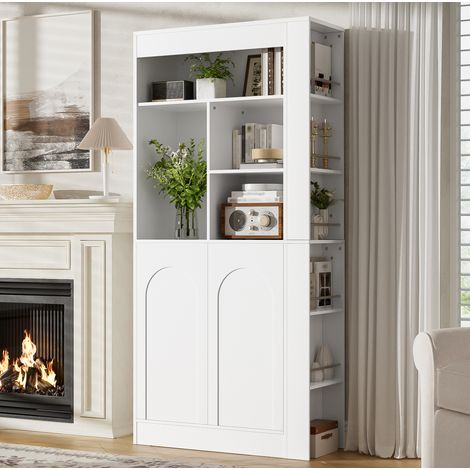 Mueble de almacenamiento alto 85 x 35 x 180 cm con estantes abiertos y 2 puertas blanco OKMYHOME (1/5)