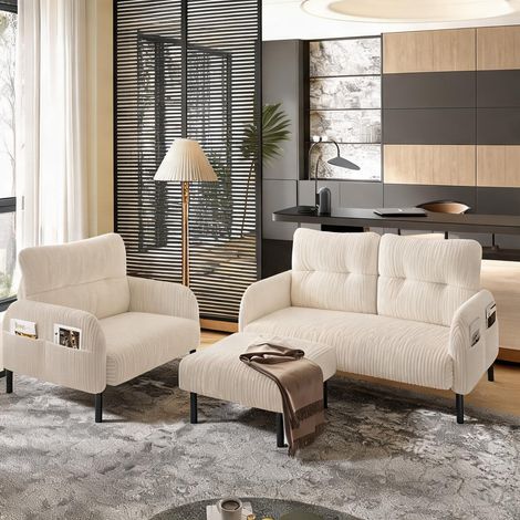 Sofa modulable en velours côtelé beige avec pouf et fauteuil (1/5)