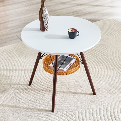 Tavolo da pranzo rotondo per 2-4 persone con cestino portaoggetti Ø 80 cm, piano in MDF bianco e gambe in legno color noce (1/5)