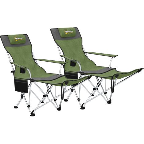 Juego de 2 sillas plegables de camping con reposapiés y portavasos, 82x50/100x88 cm, color verde