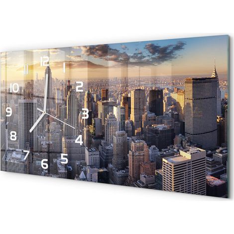 Horloge Murale Contemporaine 60x30 cm Verre Trempé Décoration Salon Vol d'oiseau à New York (1/5)