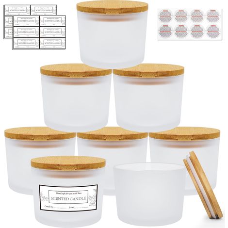 Lot de 8 bocaux en verre dépoli pour fabrication de bougies avec couvercle en bambou - étiquettes d'avertissement collantes pour la fabrication de bougies - Récipients vides (1/5)