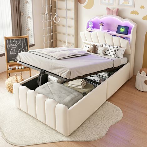 Modernluxe - Lit coffre capitonné 90 x 200 cm - velours - avec lumière LED - avec port USB - beige (sans matelas) (1/5)