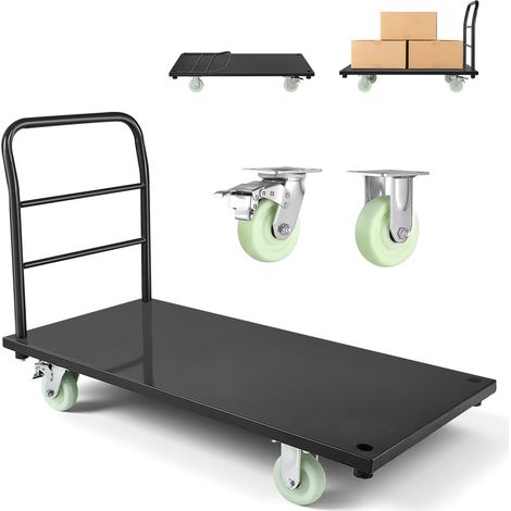 Chariot à Plateforme Robuste Capacité de Charge 907 kg Chariot à Plateau 122x61 cm pour Manutention, Transport dans Usines, Entrepôts, Ateliers, en Acier Allié, avec Roues Pivotantes et Poignée (1/5)