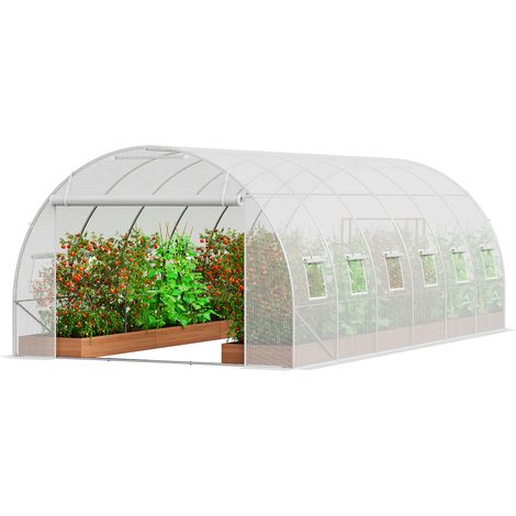 VEVOR Serre Tunnel Jardin, 590x295x198 cm, Tente Abri Plantes avec Cadre en Acier Galvanise, Couverture en PE Blanche, Porte a Glissiere Enroulable, 12 Fenetres, pour Exterieur Cultiver Legumes Fleurs