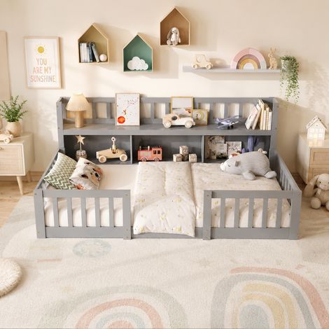 Montessori Lit de sol 90x200 cm,Lit au sol en Bois pour enfants, arrière de Sécurité et Sommier à Lattes,Bibliothèque Intégrée,Lit pour enfant en Bois Massif Pin,pour enfants,garçons et filles,Gris (1/5)