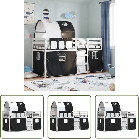 The Living Store Etagenbett mit Vorhängen Weiß & Schwarz 80x200 cm Kiefernholz - Kinderzimmermöbel - Etagenbett - Hochbett - Jugendzimmer - Holzbett (1/5)