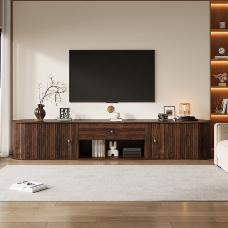DESMIU Meuble TV 180 cm avec 2 portes roulantes, 1 tiroir et niche ouverte pour salon, en panneaux de particules, noyer (1/5)