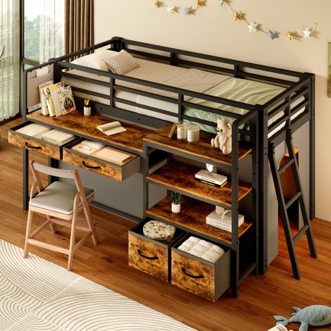 MODFU – Letto a soppalco per bambini 90x200 cm in metallo/MDF con scrivania, vani contenitore, cassetti in tessuto, LED e carico 120 kg – Nero (1/5)