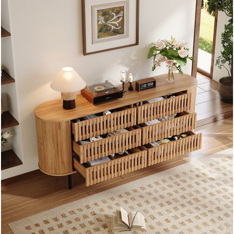 Aparador 160 x 40 x 70 cm con 6 cajones, diseño de lamas, MDF, natural OKMYHOME (1/5)