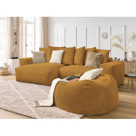 BOBOCHIC - Canapé d'angle réversible VOLTAIRE velours côtelé avec pouf Jaune (1/5)