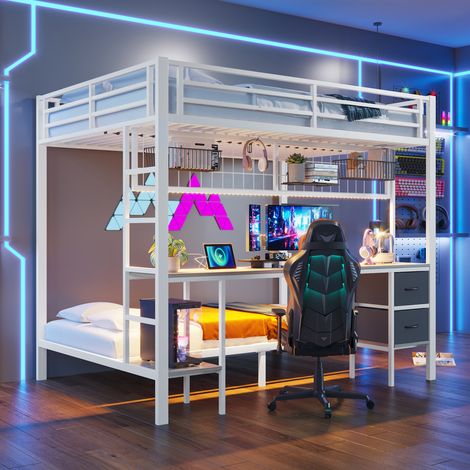 Lit superposé 90x200 et 140x200, cadre en métal, tiroirs, étagères de rangement, grille suspendue, bureau intégré, bandeau LED 7 couleurs, port USB, sans matelas, blanc (1/5)