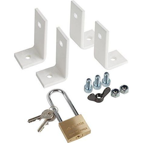 Alberts 557171 Kit de fixation pour grilles de fenetres coulissantes, kit avec equerres et vis pour rabattre les grilles de fenetres, utilisation a l'interieur
