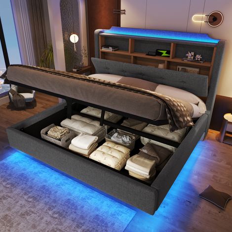REDOM - Lit double - 140x200 cm - avec rangement hydraulique - LED - USB et Type C - lin - gris (Sans matelas) (1/5)