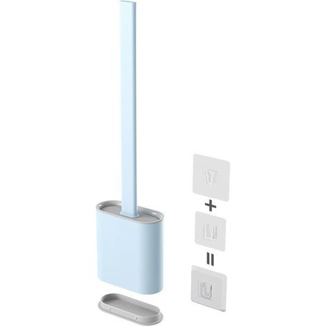 Brosse de toilette en silicone, brosse de toilette murale en silicone, ensemble de brosses de toilette à séchage rapide avec long manche, brosse de toilette murale/sur pied, bleu clair (1/5)