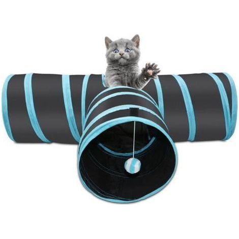pair Tunnel pour chat - PT035 - Pliant 3 voies - Noir et bleu - Avec balle suspendue - Grand diamètre (1/3)