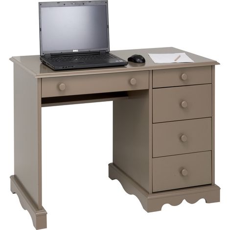 Bureau Taupe 1 Caisson 5 Tiroirs de Style Charme Anglais L 100 H 74.7 P 58.3 cm