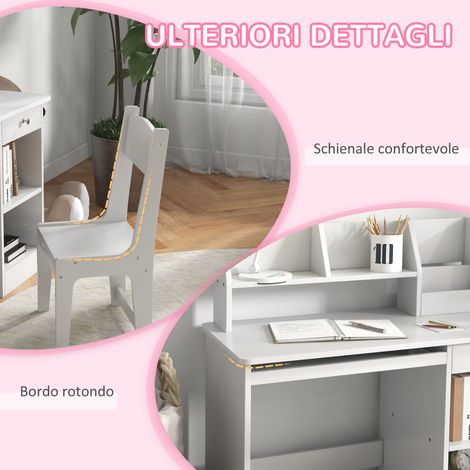 Table et chaise enfant bois blanc 5-8 ans avec tiroir coulissant et étagère (1/5)