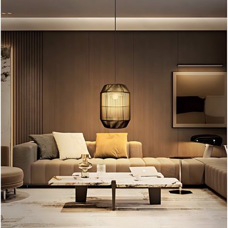Suspension lumineuse en corde noire cylindrique, douille E27, style wabi-sabi (sans ampoule)