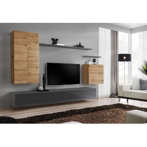 Ensemble mural - Switch XX - 1 vitrine LED - 1 banc TV - 1 étagère murale - Bois et graphite - Modèle 1 - Livraison gratuite