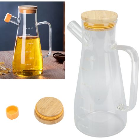 Bouteille d'huile en verre borosilicate haute résistance, résistante à la poussière, avec couvercle en bambou. Convient également pour les condiments, la sauce soja et le vinaigre. Contenance : 650 ml (1/5)