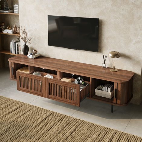 Meuble TV 180x40x44,5 cm – coins arrondis – portes coulissantes – 2 tiroirs – LED APP – noyer (1/5)