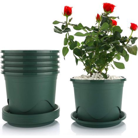 Maceta de plástico de 22 cm con bandeja - Juego de 6, contenedor para el control de raíces, maceta decorativa para plantas de interior o exterior, bonsáis, suculentas, aloe y hierbas. (1/5)