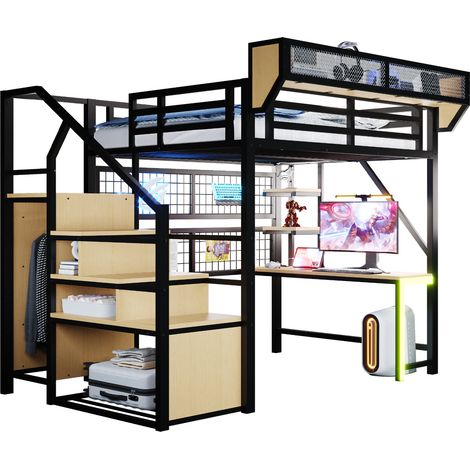 Lit mezzanine 140x200 cm avec bureau étagère filet de rangement prise électrique éclairage led, échelle sécurisée barrière haute, gain de place, noir (1/5)
