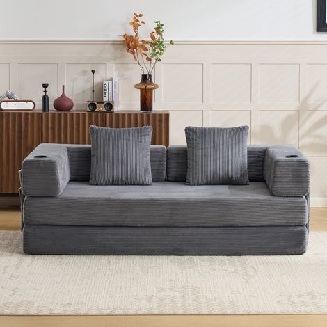 Canapé de sol convertible, canapé-lit de sol avec coussins de soutien lombaire et accoudoirs, lit confortable avec porte-gobelet et poche latérale, tissu velours côtelé, pour salon et chambre, gris fo (1/5)
