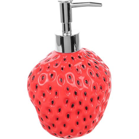 Nachfüllbare Shampoo und Spülungsflasche in Erdbeerform aus Kunststoff Moderne Rote Handpumpenflasche Reisefreundlich für Badezimmer und Unterwegs (1/5)