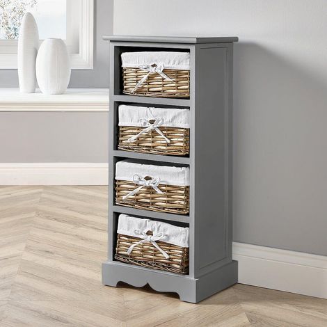 Chest 4 Drawers Hallway Storage Organiser Wooden Wicker Baskets Fully Assembled