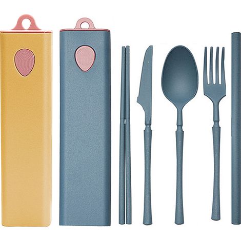 Couverts En Paille De Blé - Lot De 2 Avec Couteau Cuillère Fourchette Paille Baguettes Et Pochette De Transport - Pour Pique-Nique Voyage Camping Bureau (1/5)