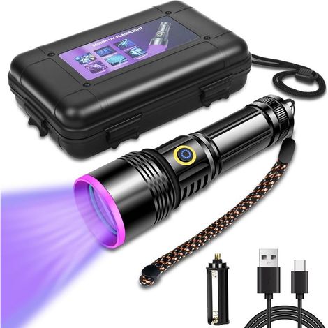 Lampe torche UV 30 W 365 nm rechargeable par USB, lumière noire, détecteur d'urine animale pour durcissement de la résine, ambre, minéraux, suivi sanguin, scorpion, recherche de roches (1/5)