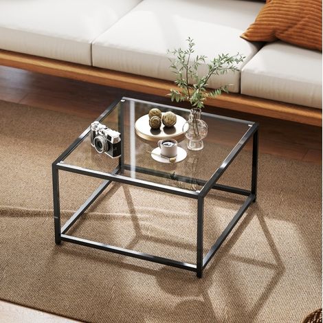 Mesa baja cuadrada de vidrio templado y acero negro 68 x 68 x 39 cm DESVIAE (1/5)