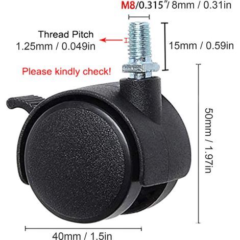 Swivel casters for office furniture, 4 pieces, replacement nylon plastic wheels with brake, black (1/5)