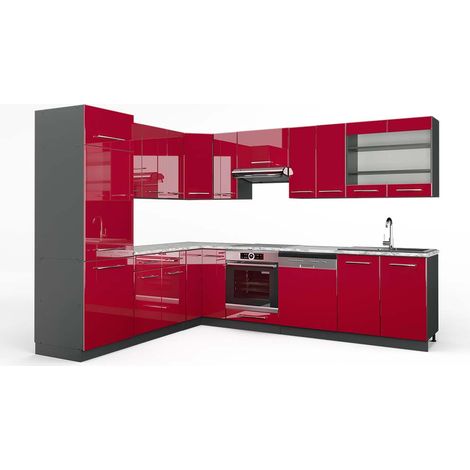 Cocina esquinera Fame-Line, Rojo Burdeos alto brillo/Antracita, 287 x 227 cm, ET Mármol, Vicco (1/5)
