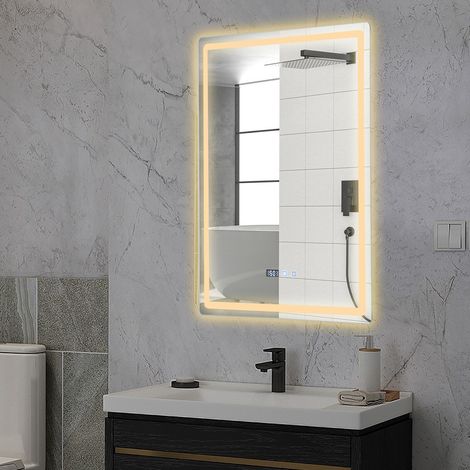 LED-Badezimmerspiegel, Spiegel mit einstellbarer Helligkeit, Badezimmerspiegel mit Beleuchtung, Anzeige von Uhrzeit und Temperatur, beschlagfreier Badezimmerspiegel. (1/5)