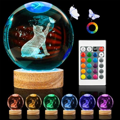 Veilleuse 3D en forme de chat en forme de boule de cristal - Figurines de chat de 8 cm - Boule de verre 7 couleurs - Cadeaux liés aux chats avec base lumineuse en bois (1/5)