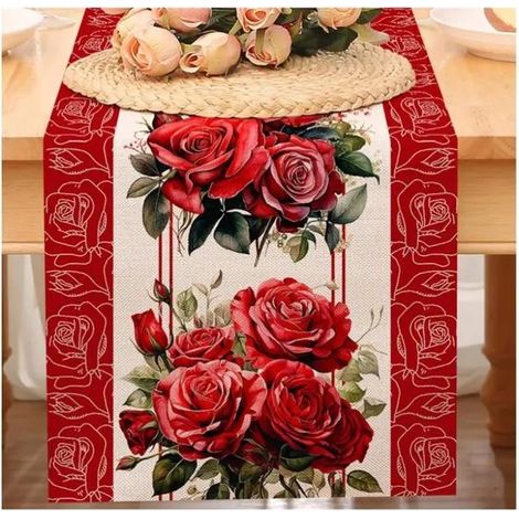Saint-Valentin Chemin de Table, Rose Chemin de Table en MatéRiau Lin, Chemin de Table Rouge, 30180cm Decoration Table Chemin Table (1/5)
