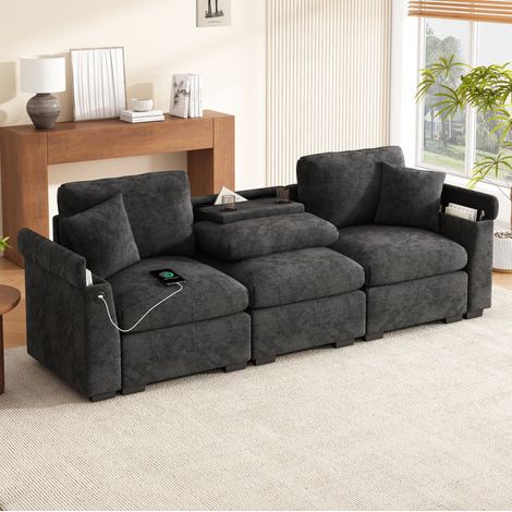 3-Sitzer-Sofa 242x80x88 cm grau Chenille mit Klapptisch, USB-Anschluss, Getränkehalter und Stauraum (1/5)