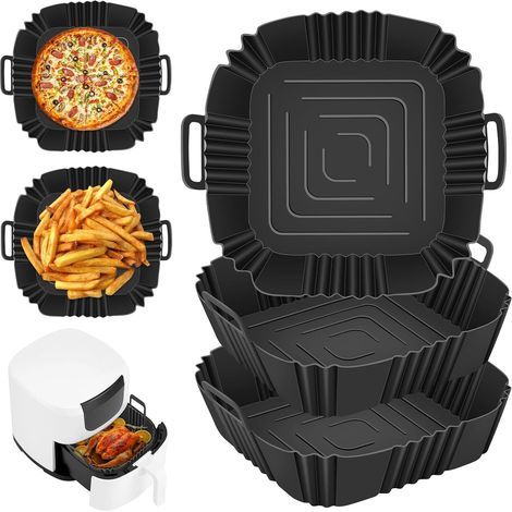 Moule en silicone pour friteuse à air, 3 pièces, plateau d'accessoires sans huile, moule en silicone pour friteuse à air, panier carré, ustensiles pour micro-ondes et four - Noir (1/5)