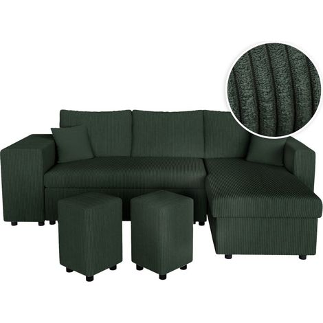 Canapé d'angle réversible convertible OSLO avec coffre, 2 poufs à gauche en velours côtelé vert (1/5)