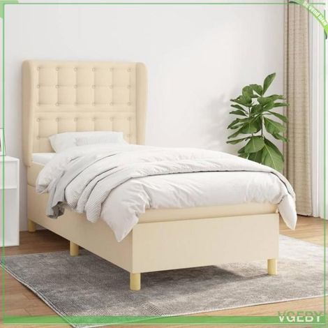 Sommier à lattes et matelas - Crème 90x190 - Matelas 20cm ressorts ensachés - Surmatelas 5cm - Tête de lit réglable (1/5)