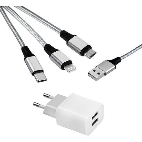 Mutto Adaptateur de Voyage 3 en 1 - Chargeur USB Multi-Universel avec Prises USB-C, Micro USB et Lightning - Câble Inclus (1/5)