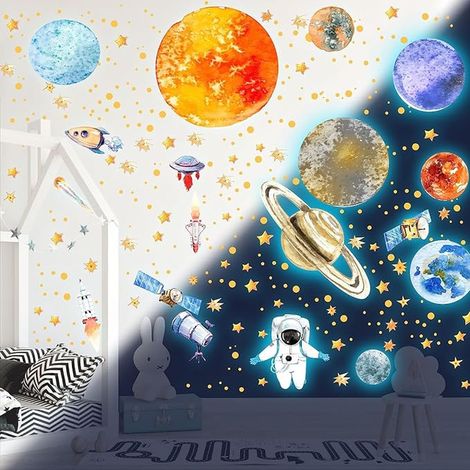 Autocollants Planètes Étoiles Astronaute Stickers Muraux Décoration de Plafond Galaxie Autocollant Chambres Bleu (1/4)