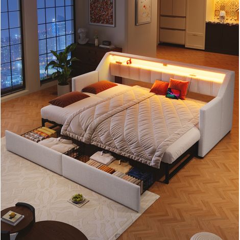 Cama nido tapizada en lino beige 90x200 cm, extensible a 180x200 cm, con USB, Type-C, LED y 2 cajones (1/5)