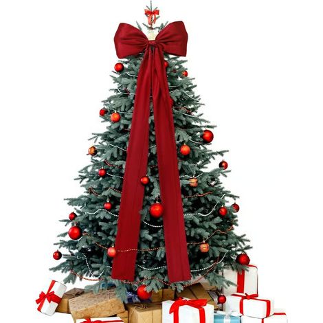 1 grand nœud pour le sommet de l’arbre de Noël Nœud en satin rouge avec longues bretelles Ruban rouge pour arbre de Noël (1/5)