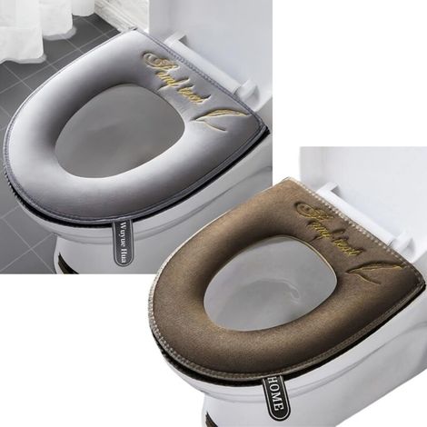 Lot de 2 Housses de Siège de Toilette - Souple et Épais - Fermeture Éclair - Lavable - Pour Siège Ovale - Gris et Marron (1/5)