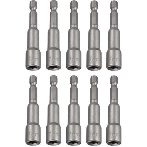 Lot de 10 douilles magnétiques 7 x 65 mm, tige hexagonale 1/4", jeu de douilles hexagonales, adaptateur pour perceuse, visseuse sans fil