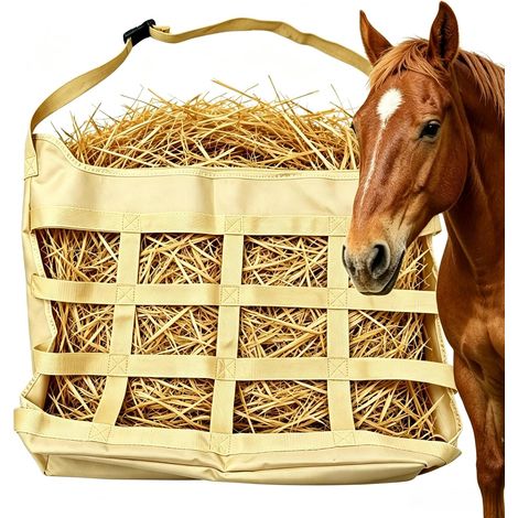 Sac à foin pour cheval à alimentation lente, sac à foin en polyester robuste sur un seul côté, sac d'alimentation facile à suspendre pour stalle de cheval et remorque (1/5)